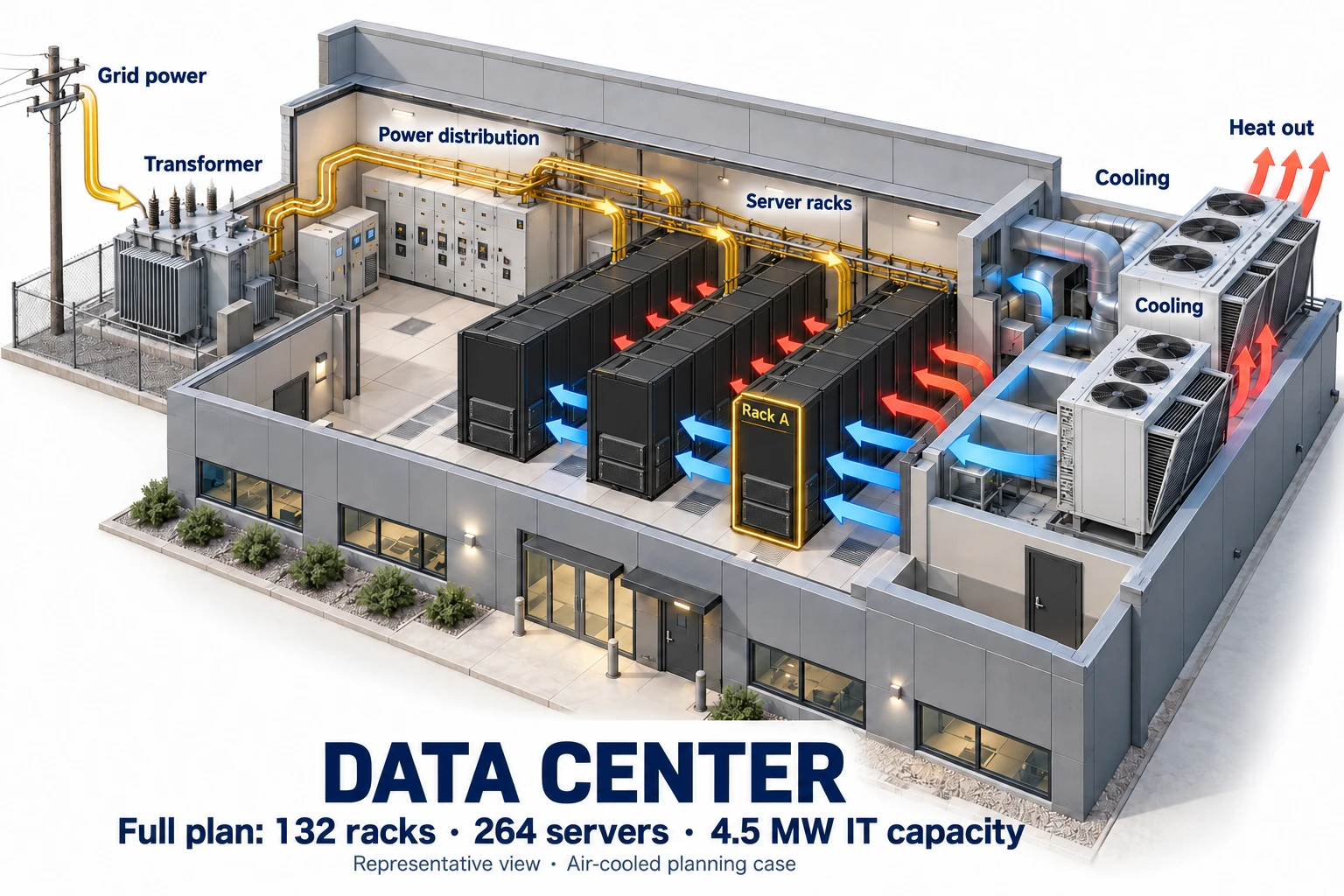Data center cutaway: grid power passes through distribution equipment to server cabinets, while cooling systems remove equipment heat to the outside.