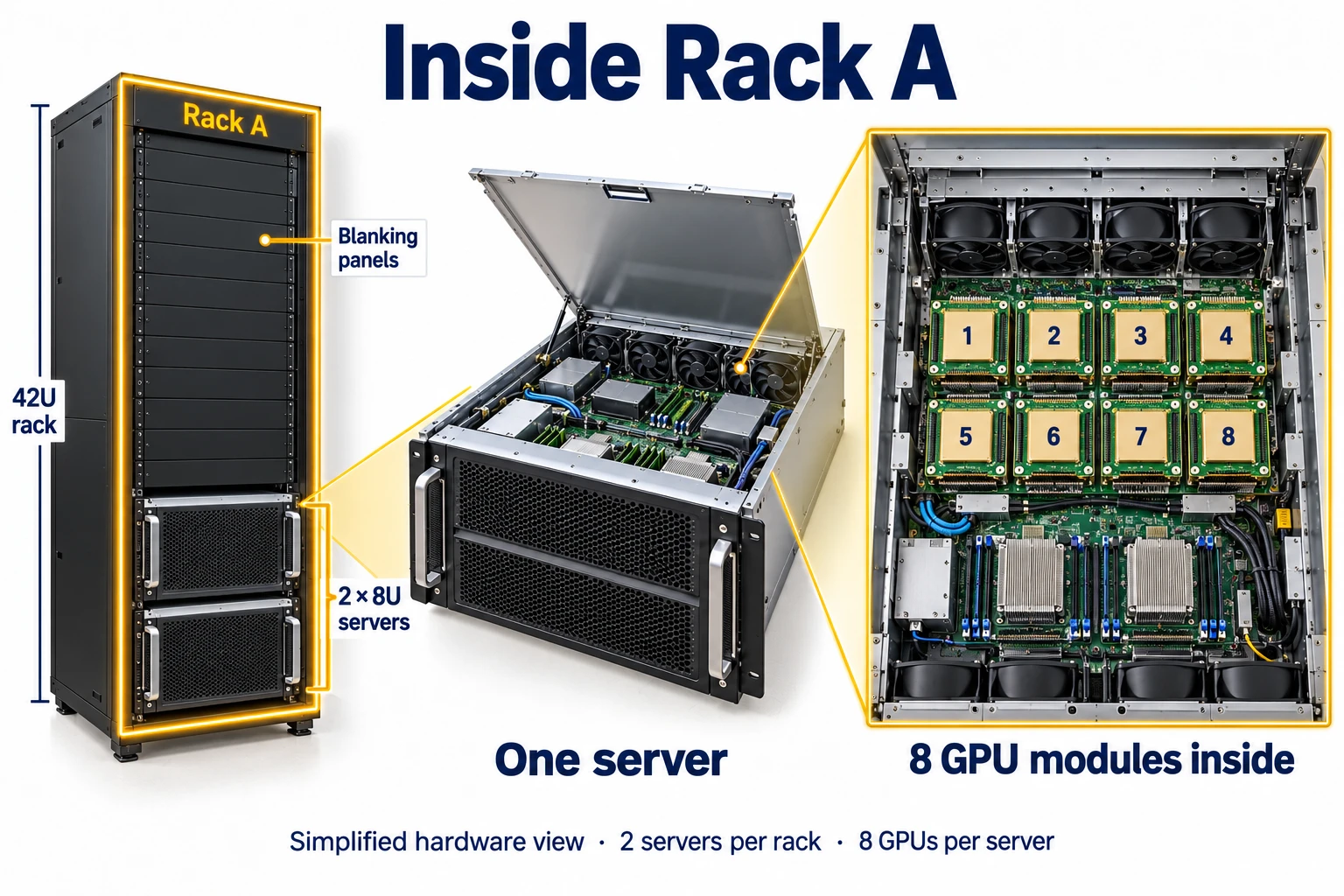 Rack A enlarged in stages: a 42U cabinet, two 8U servers, and the eight GPU modules inside one server.